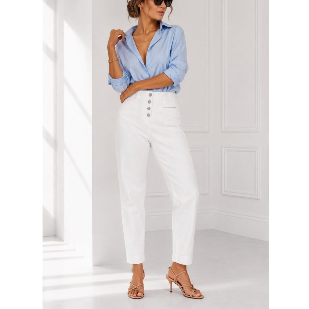 REISS Women's White Jeans Sz. 6 High Waist Pockets Luxury Denim Tapered Leg